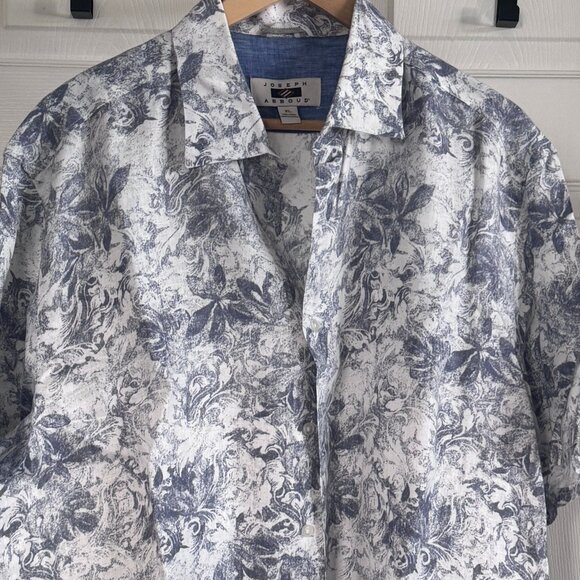 Joseph Abboud S/S Shirt w/ Navy Blue Floral Pattern on White Linen, XL - Picture 1 of 4